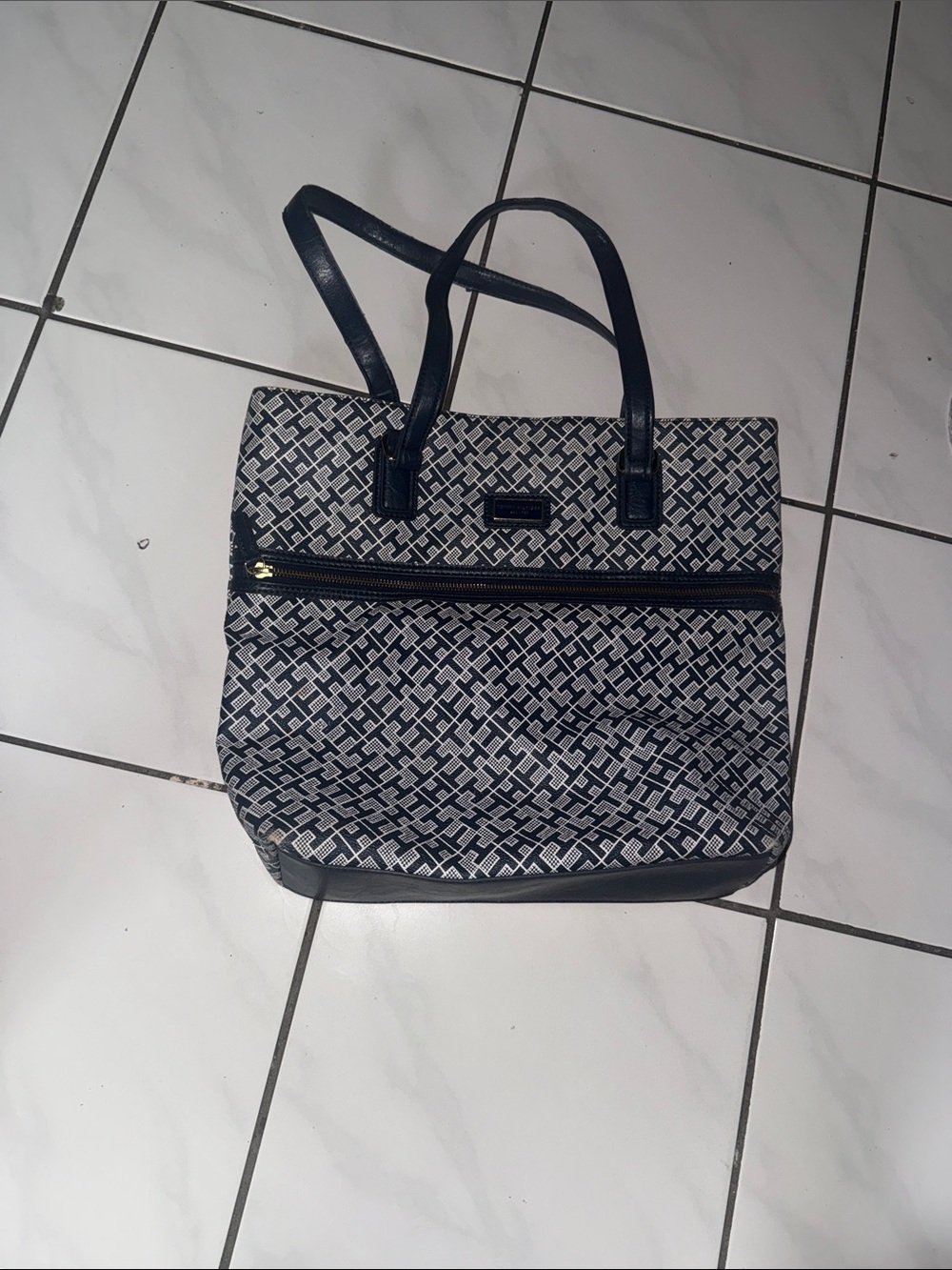 Navy Patterned Tote Bag with Front Zip Pocket